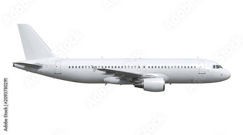 Side view of a white passenger airplane isolated on a white background, for aviation travel concepts