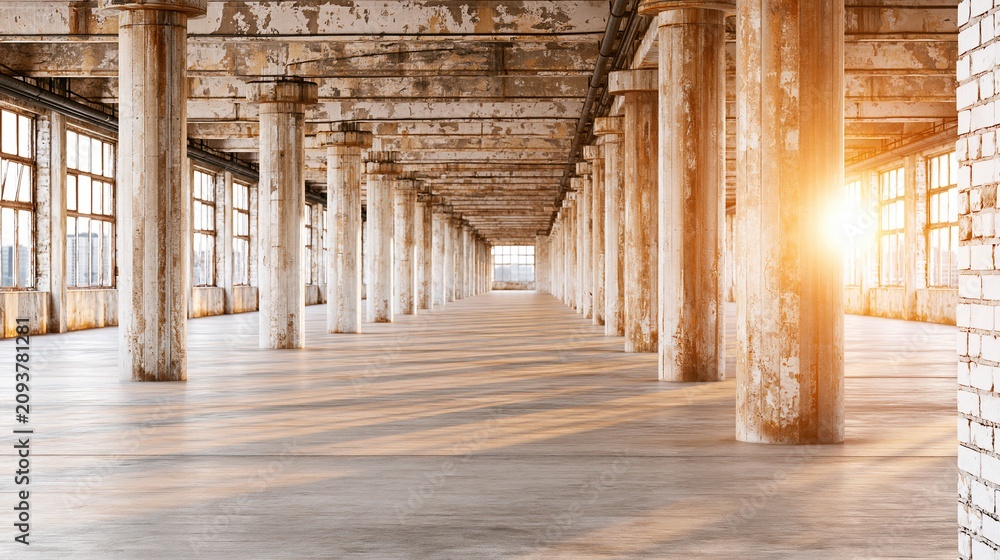 Obraz premium Sunlight streams through large windows into vast, empty industrial warehouse with concrete columns and floors