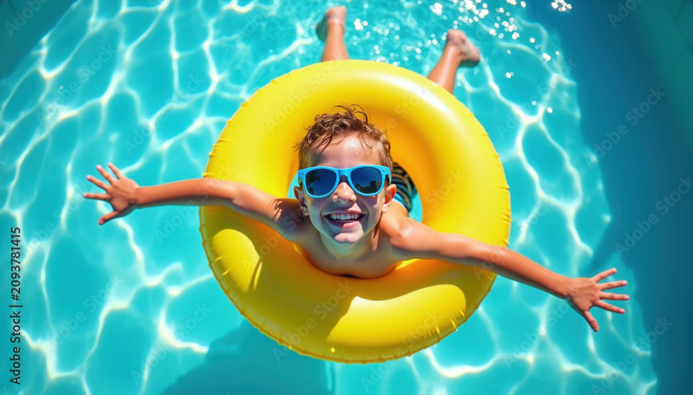 Obraz premium Smiling boy wearing blue sunglasses floats on yellow ring in clear pool water. Kid enjoys sunshine summer day, splashes water, has fun on vacation. Childhood joy, carefree play.