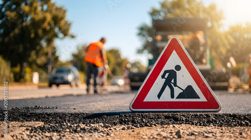 Road construction warning sign placed on asphalt road surface