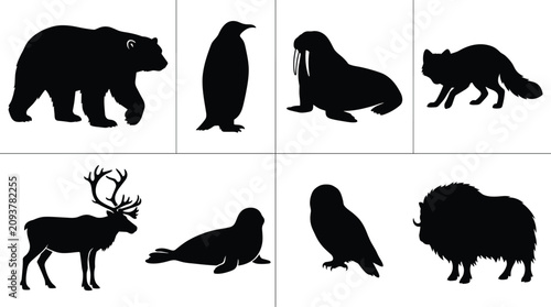 Quadro su tela Arctic and antarctic animals pitch black solid silhouette vector set isolated on