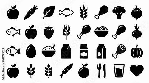 Healthy Food and Diet Line Art Icons Collection on White Background