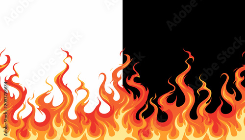 Horizontal band of stylized orange and yellow flames on a split white and black background art