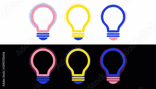 Minimalist set of six lightbulb outline icons in various colors for creative business concepts