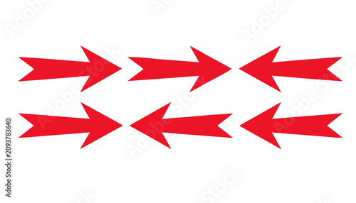 Set of six red arrows pointing in different directions for navigation and infographic design use