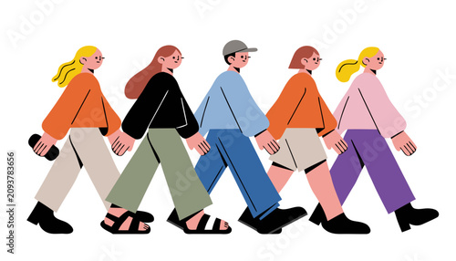 A group of five diverse young people walking together in a flat vector illustration style design