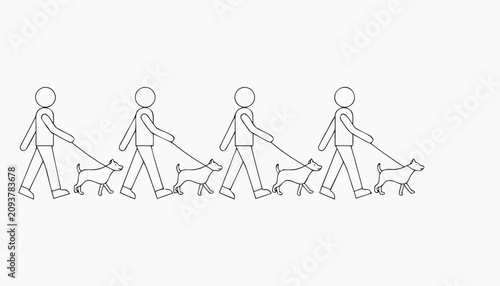 Simple line art sequence of people walking their dogs in a clean black and white vector graphic