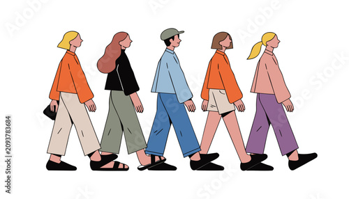 Five stylish young individuals walking in a row shown in a clean flat vector graphic art design