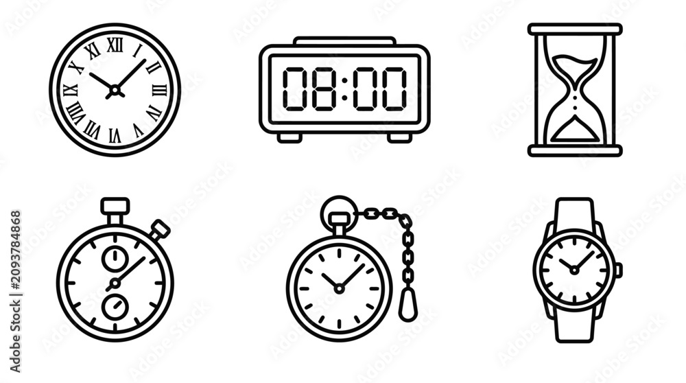 Fototapeta premium Clock and Time Line Icon Variation Set of 6, Wall Clock Alarm Hourglass Stopwatch Pocket Watch Wristwatch Outline Vector, Editable Stroke