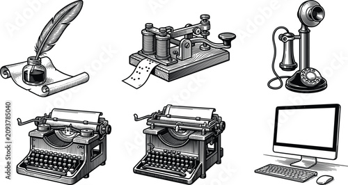 Photos Evolution of Communication Technology Vector Set Featuring Vintage Quill and Ink
