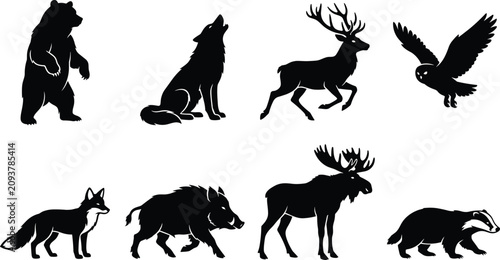 Photography Collection of forest wild animal black silhouettes including bear wolf deer owl