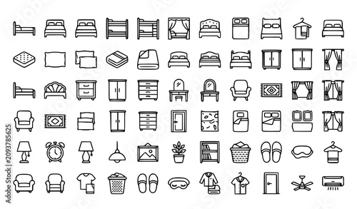 Bild auf Leinwand Bedroom Furniture and Home Interior Decoration Icon Set with Outlined Line Symbo