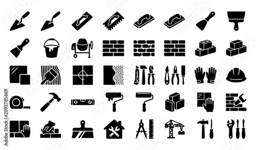Konstfotografi Bricklaying Trowel and Masonry Construction Tool Icon Set with Solid Glyph Symbo