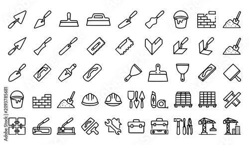 Konstfotografi Bricklaying Trowel and Masonry Construction Tool Icon Set with Outlined Line Sym