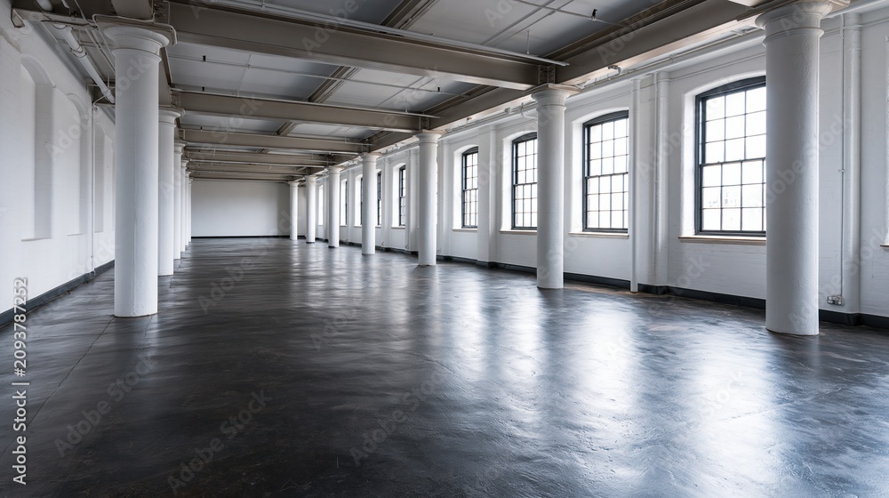 Obraz premium Spacious Industrial Loft with Large Windows and Polished Concrete Floor
