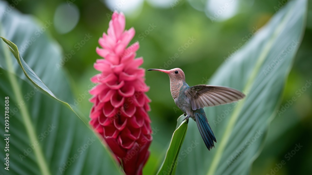 Fototapeta premium Tiny hummingbird hovering near vibrant pink ginger flower amidst lush green tropical foliage