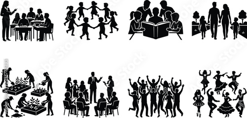 Community lifestyle and social activities black silhouette icons set featuring education family gardening dancing and group gatherings