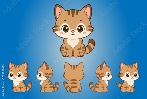Cute cartoon tabby kitten character set with multiple views. Adorable kawaii-style brown striped cat with big expressive eyes, pink ears and fluffy tail. Includes large front view and five smaller