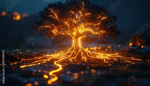 Digital glowing tree with illuminated roots on dark ground