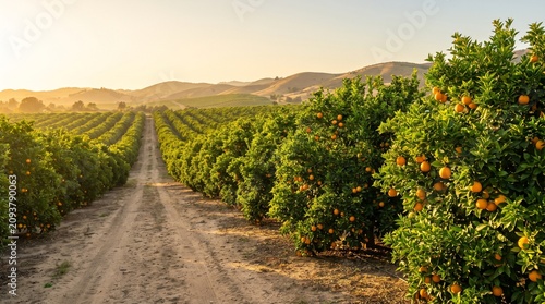Orange farming landscape, Citrus tree rows, Ripe fruit orchard, Sustainable agriculture background, Warm panoramic copy space