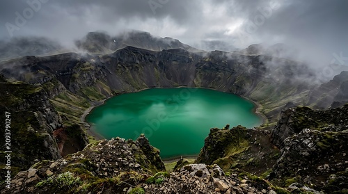 Misty green crater lake surrounded by rugged, moss-covered mountains