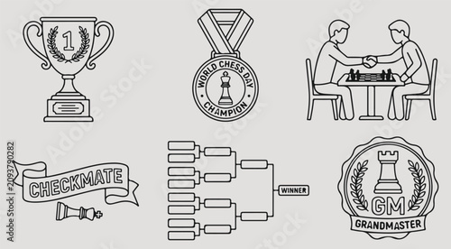 Photography Chess tournament competition icons set featuring trophy cup medal checkmate bann