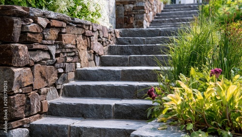 Stone steps ascend a lush hillside garden bordered by rock walls