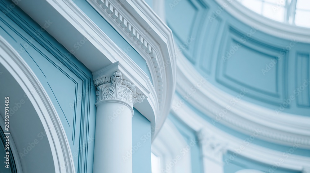 Obraz premium Close Up View of Elegant Architectural Detail with Light Blue Walls and White Trim