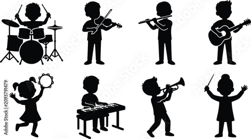 Children Playing Musical Instruments Silhouette Collection with Kids Band and Music Education Vector Set