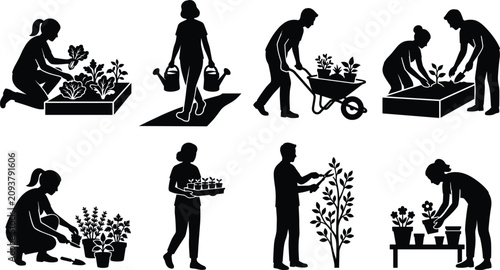 Gardening and Plant Care Silhouette Collection with Urban Farming and Home Garden Activities