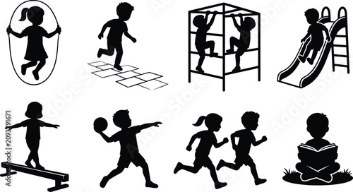 Children Outdoor Activities Silhouette Collection with Playground Sports and Reading Vector Illustration Set