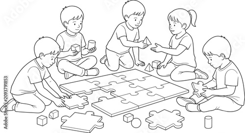 Children Solving Puzzle Together Line Art Illustration with Teamwork and Educational Activity Concept