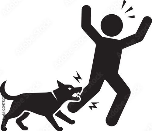 Aggressive dog biting man leg icon, black silhouette of animal attack on human, dangerous dog bite incident vector illustration for safety signs
