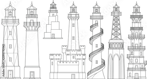 Architectural Lighthouse Tower Collection with Technical Line Drawing and Coastal Beacon Building Vector Set