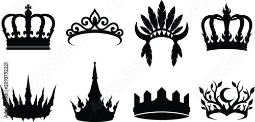 Fantasy and Royal Crown Silhouette Collection Set with Medieval Tiara and Decorative Vector Crown Icons