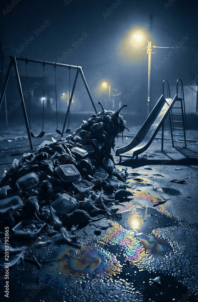 Obraz premium Monstrous pile of dead rats and plastic waste resembles a giant slug in a dark, abandoned playground under a street lamp, symbolizing ecological disaster.