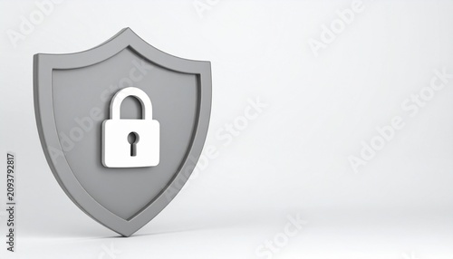Gray shield with white padlock symbol evoking cybersecurity, privacy, and digital protection.
