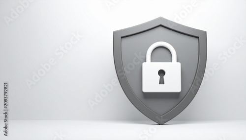 Gray shield with white padlock symbol evoking cybersecurity, privacy, and digital protection.