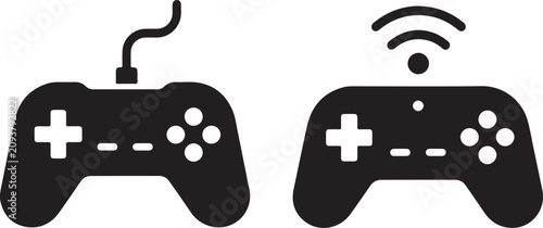 Minimalist video game controller icons, wired and wireless gamepad vector symbols, black gaming joypad silhouettes for esports and entertainment apps