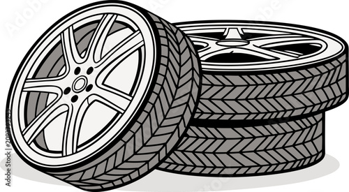 Photos Create a high-resolution image of a stack of modern car tires with one tire leaning against the stack, revealing a sleek alloy wheel