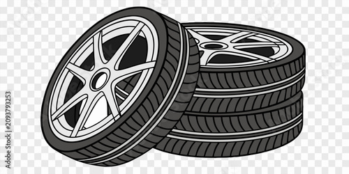 Fotografie Create a high-resolution image of a stack of modern car tires with one tire leaning against the stack, revealing a sleek alloy wheel