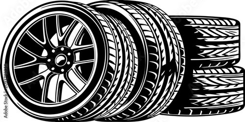Obraz na płótnie Create a high-resolution image of a stack of modern car tires with one tire leaning against the stack, revealing a sleek alloy wheel