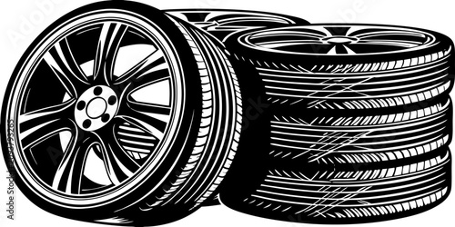 Konstfotografi Create a high-resolution image of a stack of modern car tires with one tire leaning against the stack, revealing a sleek alloy wheel