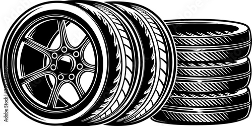 Foto Create a high-resolution image of a stack of modern car tires with one tire leaning against the stack, revealing a sleek alloy wheel