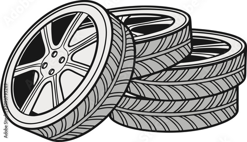 Canvastavla Create a high-resolution image of a stack of modern car tires with one tire leaning against the stack, revealing a sleek alloy wheel