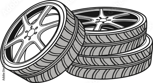 Photos Create a high-resolution image of a stack of modern car tires with one tire leaning against the stack, revealing a sleek alloy wheel