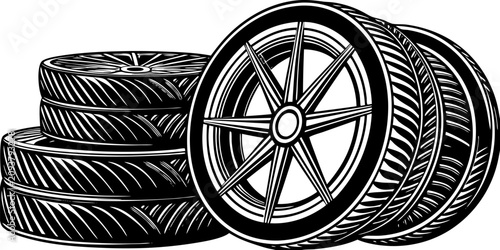 Schilderij op canvas Create a high-resolution image of a stack of modern car tires with one tire leaning against the stack, revealing a sleek alloy wheel