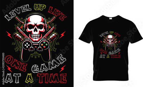 A bold gaming inspired t shirt design featuring a fierce skull character with a game controller, crossed weapons and retro typography. The artwork represents gamer lifestyle, passion, competition, vic