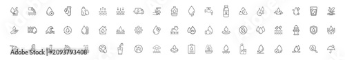 Water icon set with outline symbols including droplet, faucet, tap, bottle, shower, glass, rain, wave, plumbing, filter, hydration and utility on transparent background