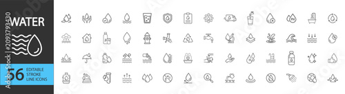 Outline water icons collection including droplet, faucet, shower, bottle, glass, rain, wave, filter, plumbing, hydration, utility and sanitation symbols on transparent background